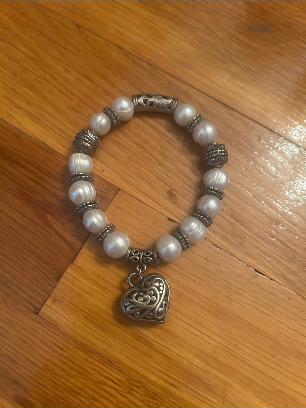 Brighton Silver Heart Charm Pearl Stretch Bracelet - White Pearls